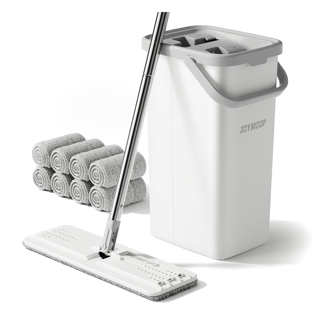 JOYMOOP Flat Squeeze Mop and Bucket Set, with 50" Mop Handle and 8 Grey Microfiber Pads